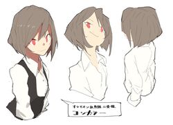  buttons character_name collared_shirt commentary_request dress_shirt female grey_hair hms_conqueror hms_conqueror_(siirakannu) kantai_collection long_sleeves multiple_views original personification red_eyes royal_navy shirt short_hair siirakannu simple_background smile smirk speech_bubble upper_body vest white_background 