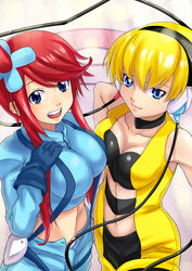  2girls akawiro blonde_hair blue_eyes breast_press breasts commentary_request crop_top elesa_(pokemon) headphones large_breasts long_hair midriff multiple_girls pantyhose pokemon pokemon_bw red_hair short_hair skyla_(pokemon) 