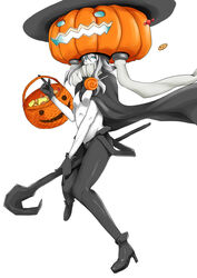  abyssal_ship aqua_eyes black_gloves boots breasts candy commentary_request cookie covered_mouth female food full_body gloves grey_hair halloween halloween_bucket hat high_heel_boots high_heels highres jack-o&#039;-lantern kantai_collection medium_breasts satsumaimo_pai solo staff wo-class_aircraft_carrier 