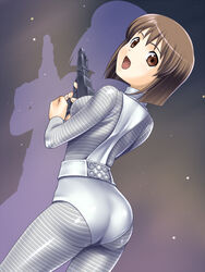  arched_back ass bob_cut bodysuit brown_eyes brown_hair commentary_request energy_gun female gun hagiwara_yukiho handgun idolmaster idolmaster_(classic) looking_at_viewer looking_back muhi11234 open_mouth science_fiction shado short_hair smile solo ufo_(copyright) uniform weapon 