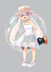  bike_shorts commentary_request dress fangs female full_body hat heart heart-shaped_pupils heavy_splatling_(splatoon) inkling inkling_girl inkling_player_character open_mouth photoshop_(medium) pink_eyes pink_hair pointy_ears see-through shoes shorts_under_dress smile sneakers solo splatoon_(series) splatoon_1 super_soaker symbol-shaped_pupils tentacle_hair twitter_username white_dress yoru_(kayoru) 