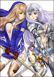  2girls annelotte_(queen&#039;s_blade) armlet armor blue_eyes breasts brown_hair cross duplicate eiwa green_eyes jewelry knight_princess_annelotte large_breasts long_hair multiple_girls necklace official_art purple_hair queen&#039;s_blade queen&#039;s_blade_rebellion sigui_(queen&#039;s_blade) sword tiara weapon 