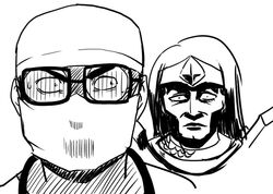  2boys chinese_commentary commentary_request greyscale league_of_legends leng_wa_guo mask monochrome mouth_mask multiple_boys shen_(league_of_legends) surgeon surgeon_shen surgical_mask taric 