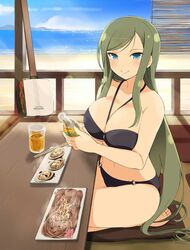  beach bikini black_bra black_panties bra breasts drink food fuga_(senran_kagura) large_breasts looking_at_viewer official_art panties sea senran_kagura sitting smile solo summer very_long_hair yaegashi_nan 