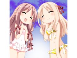  2girls blonde_hair blush chibi closed_eyes female matsubara_yuuna multiple_girls oda_nanami peko pink_hair shirakawa_sayuki smile sono_hanabira_ni_kuchizuke_wo swimsuit 