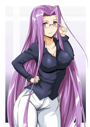  absurdres breasts casual cleavage commentary_request denim fate/stay_night fate_(series) female glasses hand_on_own_hip highres jeans large_breasts long_hair looking_at_viewer medusa_(fate) medusa_(rider)_(fate) pants photoshop_(medium) purple_eyes purple_hair sangyou_haikibutsu_a shirt smile very_long_hair 