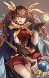  black_gloves bow brown_eyes brown_hair cape commentary_request female gloves hairbow highres holding holding_staff long_hair mehlis_(sennen_sensou_aigis) sennen_sensou_aigis solo staff trrcmb twintails yellow_bow 