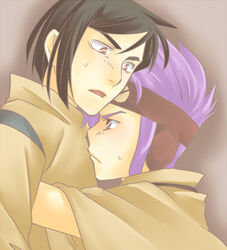  2boys black_hair blume brown_eyes headband hug multiple_boys overseer_biel purple_hair sentou_mecha_xabungle 