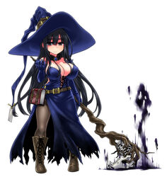  bare_shoulders black_pantyhose book boots breasts cleavage commentary_request dress elbow_gloves female full_body gloves hat highres inuyama_kuroe large_breasts long_hair looking_at_viewer magic original pantyhose side_slit skull solo very_long_hair wand witch_hat yoshida_hideyuki 