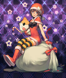  argyle_background boots bow breasts candy candy_cane checkered_background christmas commentary_request covered_nipples demon_tail female food glasses gloves hat holding holding_candy holding_candy_cane holding_food looking_at_viewer lvans nanasaki_aki original photoshop_(medium) red_bow sack santa_boots santa_costume santa_hat sitting small_breasts solo star_(symbol) striped_clothes striped_thighhighs stuffed_animal stuffed_cat stuffed_toy tail thighhighs 