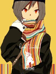  buttons coat commentary_request female frown gloves grey_hair hat hms_conqueror hms_conqueror_(siirakannu) kantai_collection lion long_sleeves orange_eyes original personification royal_navy scarf short_hair siirakannu solo strap striped_clothes striped_scarf text_focus upper_body white_gloves yellow_background 