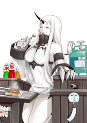  abyssal_ship bare_shoulders bottle breasts cannon claws colored_skin commentary_request detached_sleeves dress eating female food highres horns ice_shaver kantai_collection kneeling large_breasts long_hair open_mouth red_eyes ribbed_dress satsumaimo_pai seaport_princess short_dress sideboob single_horn solo steam takoyaki very_long_hair white_hair white_skin 