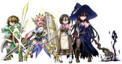  4girls argyle_clothes argyle_legwear armor bag bandages bare_shoulders bike_shorts black_hair black_legwear blonde_hair blue_eyes blush book boots breasts brown_eyes brown_hair capelet china_dress chinese_clothes claws cleavage commentary_request crown dress elbow_gloves fist_bump fur gauntlets glasses gloves grin handbag hat head_wings highres himekawa_hinari hizato_akari hoe inuyama_kuroe large_breasts long_hair looking_at_viewer looking_down low_twintails magic multiple_girls oerba_yun_fang open_mouth original pantyhose pelvic_curtain shield short_hair simple_background skull smile sweatdrop sword twintails wand weapon white_background white_legwear wings witch_hat yamada_yoshino yoshida_hideyuki 