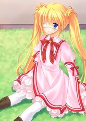  blonde_hair blue_eyes commentary_request eyepatch female grass kazamatsuri_institute_high_school_uniform long_hair looking_at_viewer nakada_rumi nakatsu_shizuru pantyhose rewrite school_uniform sitting solo twintails white_pantyhose 