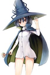  bad_id bad_pixiv_id battery_aida_ni_misu_ga_deta blue_hair brown_eyes cape female hat looking_at_viewer maji_moji_rurumo rurumo smile solo wand waving witch witch_hat 