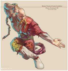  asymmetrical_clothes bald_spot bandages blonde_hair boots braid commentary fighting_stance final_fantasy final_fantasy_iv final_fantasy_iv_the_after highres jamal_campbell knee_boots long_hair male_focus monk muscle single_braid solo yang_fang_leiden 