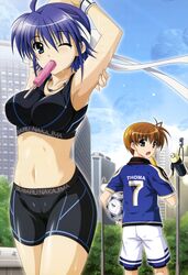  1boy absurdres arm_up armpits ball blue_hair breasts brown_hair clothes_writing cloud crop_top day female food food_in_mouth green_eyes headband higa_yukari highres imageboard_desourced looking_back lyrical_nanoha mahou_senki_lyrical_nanoha_force medium_breasts midriff moon mouth_hold navel non-web_source nyantype official_art one_eye_closed outdoors popsicle scan sexually_suggestive short_hair shorts skin_tight sky soccer soccer_ball steed_(nanoha) subaru_nakajima sweat tango_(soccer_ball) tank_top thoma_avenir 