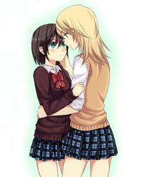  2girls artist_request black_hair blonde_hair blush bow cardigan highres hug long_hair multiple_girls mylovelydevil original plaid plaid_skirt school_uniform short_hair skirt smile sweater_vest yuri 