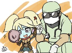  armor blue_skin chinese_commentary colored_skin commentary_request female fist_bump glasses gloves league_of_legends leng_wa_guo long_hair mask mouth_mask pointy_ears poppy_(league_of_legends) shen_(league_of_legends) surgeon surgeon_shen surgical_mask twintails white_hair yordle 