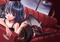  alternate_costume bat_wings birdcage black_thighhighs blue_hair cage cloud collarbone colored_eyelashes commentary_request couch eyelashes feathers female full_moon garter_straps lace lying moon nightgown no_headwear on_stomach red_eyes remilia_scarlet sayuki_momone short_hair sky smile solo thighhighs touhou window wings zettai_ryouiki 