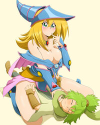  2girls bare_shoulders blonde_hair blue_eyes blush bracer breasts bridal_gauntlets brooch choker cleavage dark_magician_girl dark_magician_girl duel_monster finger_to_mouth green_eyes green_hair hat jewelry kamui_hope_of_gusto multiple_girls simple_background sitting sitting_on_person skirt straddling thighs wardrobe_malfunction witch_hat yu-gi-oh! yuu-gi-ou_duel_monsters 