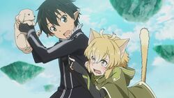  1boy animal animal_ears argo_the_rat black_hair blonde_hair canine cat_ears cat_girl cat_tail facial_mark female fingerless_gloves game_cg gloves holding holding_animal holding_dog kirito kirito_(sao-alo) official_art puppy scared short_hair sweatdrop sword_art_online sword_art_online:_lost_song tail tears whisker_markings yellow_eyes 