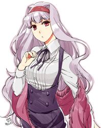  :o commentary_request female grey_hair hairband idolmaster idolmaster_(classic) long_hair looking_at_viewer purple_hairband red_eyes shawl shijou_takane solo uniform very_long_hair waniwani white_background 