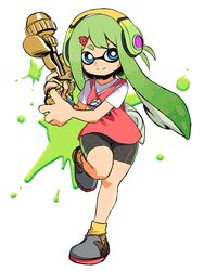  aerospray_(splatoon) bad_id bad_pixiv_id bike_shorts blue_eyes boots female full_body green_hair gun hair_ornament hairclip headphones inkling inkling_girl inkling_player_character muu_(mumumer) pointy_ears shirt solo splatoon_(series) splatoon_1 splatter t-shirt tentacle_hair weapon 