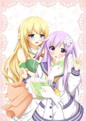  2girls blonde_hair blue_eyes blush breasts commentary_request d-pad d-pad_hair_ornament hair_ornament highres large_breasts long_hair momijizuki_luna multiple_girls nepgear neptune_(series) open_mouth purple_eyes purple_hair thighhighs vert_(neptunia) yuri 