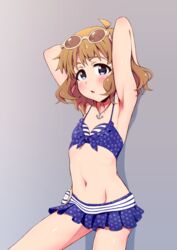  against_wall ahoge anchor_necklace armpits arms_behind_head bikini bikini_skirt blue_bikini blue_eyes brown_hair chestnut_mouth commentary_request eyewear_on_head female flat_chest floral_print idolmaster idolmaster_million_live! jewelry necklace short_hair solo sunglasses suou_momoko swimsuit tyke 