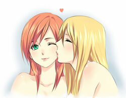  2girls artist_request bare_shoulders black_hair blonde_hair blush brown_hair cheek_kiss closed_eyes closed_eyes collarbone female heart kissing long_hair multiple_girls mylovelydevil original smile yuri 