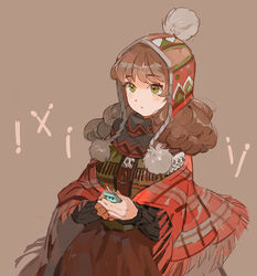  brown_background brown_hair commentary_request female green_eyes little_match_girl long_hair looking_at_viewer matchbox matches matchgirl metawin photoshop_(medium) plaid plaid_scarf pom_pom_(clothes) scarf standing winter_clothes 