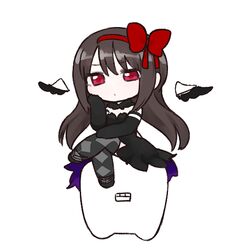  akemi_homura akuma_homura argyle_clothes argyle_legwear bare_shoulders black_gloves black_hair bow chibi choker commentary_request crossed_legs dress elbow_gloves familiar_(madoka_magica) fc_(efushii) female gloves hairbow head_rest lilia_(madoka_magica) long_hair looking_at_viewer mahou_shoujo_madoka_magica mahou_shoujo_madoka_magica:_hangyaku_no_monogatari red_eyes simple_background spoilers thighhighs white_background wings 