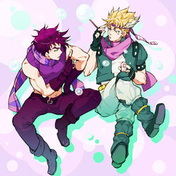  2boys aqua_eyes aqua_jacket blonde_hair blowing_bubbles bubble caesar_anthonio_zeppeli commentary_request crop_top fingerless_gloves gloves green_jacket headband jacket jojo_no_kimyou_na_bouken joseph_joestar joseph_joestar_(young) midriff multiple_boys purple_hair scarf sio_1234 