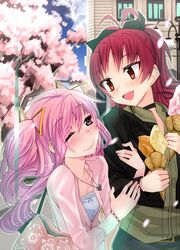  :d ;) arm_holding arm_hug bad_id bad_pixiv_id bag banned_artist blush bow casual cherry_blossoms dating hair_ribbon hairbow handbag jewelry kaname_madoka kawaguchi_yukihiro long_hair mahou_shoujo_madoka_magica multiple_girls necklace oerba_yun_fang one_eye_closed open_mouth pink_hair ponytail red_eyes red_hair ribbon sakura_kyouko short_twintails smile twintails two_side_up yuri 