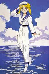  alternate_hairstyle bishoujo_senshi_sailor_moon blonde_hair blue_eyes cloud clouds costume female hat ocean official_art pun sailor sailor_hat sailor_moon sailor_outfit salute sky solo tsukino_usagi 