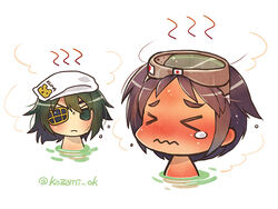  &gt;_&lt; 2girls blush brown_hair chibi closed_eyes commentary_request diving_mask diving_mask_on_head eyepatch goggles goggles_on_head green_eyes green_hair hat kantai_collection kazami_miki kiso_(kancolle) maru-yu_(kancolle) multiple_girls onsen photoshop_(medium) same-sex_bathing shared_bathing short_hair tears towel towel_on_head twitter_username wavy_mouth 