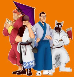  1other 3boys animal_costume axe bad_id bad_tumblr_id black_hair boots bun_cover chinese_clothes cosplay covered_eyes crossover dog_costume double_bun eating entrenching_tool facial_hair fire_axe food gas_mask gintama glasses hadanugi_dousa hair_bun heavy_(tf2) helmet helmet_over_eyes holding holding_axe holding_food holding_umbrella japanese_clothes kagura_(gintama) kagura_(gintama)_(cosplay) kimono kiseki-no-neko long_sleeves mask medic_(tf2) multiple_boys nose_picking open_clothes open_kimono orange_background orange_hair outline parasol profile purple_umbrella pyro_(tf2) sadaharu sadaharu_(cosplay) sakata_gintoki sakata_gintoki_(cosplay) sandals sandvich sandwich shimura_shinpachi shimura_shinpachi_(cosplay) short_sleeves shovel signature simple_background soldier_(tf2) stubble team_fortress_2 umbrella weapon white_outline wig 