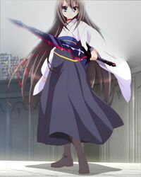  androgynous aqua_eyes boots brown_hair hakama japanese_clothes kazehaya_kamito long_hair ren_ashbell screencap seirei_tsukai_no_blade_dance sword trap wafuku weapon 