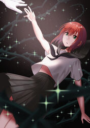  black_neckwear black_sailor_collar black_skirt commentary_request female gloves green_eyes hair_between_eyes hatori_chise mahou_tsukai_no_yome medium_skirt midriff outstretched_arms pleated_skirt reaching reaching_towards_viewer red_hair sailor_collar school_uniform serafuku shirt short_hair short_sleeves skirt sterilizedgauze-qhx stomach white_gloves white_shirt 