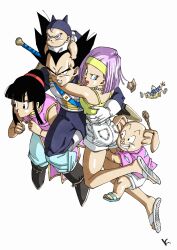  2girls 4boys baby bare_shoulders black_bodysuit black_eyes black_hair blue_eyes bodysuit bulma_briefs chi-chi_(dragon_ball) china_dress chinese_clothes dragon_ball dragon_ball_z dress group_picture hair_bun highres kakeru_(dbskakeru) medium_hair multiple_boys multiple_girls muten_roushi oolong pig purple_dress purple_hair saiyan_armor shorts simple_background spiked_hair tank_top trunks_(dragon_ball) vegeta white_background white_shorts yellow_tank_top 