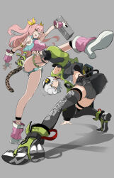  2girls :d alternate_costume anby_demara arm_support armlet bangboo_(zenless_zone_zero) black_gloves black_skirt black_thighhighs blue_jacket clothing_cutout crop_top cropped_jacket denim denim_shorts fake_tail fingerless_gloves foreshortening full_body gloves green_eyes green_jacket grey_background grey_hair grey_panties half-closed_eyes headphones highres holding holding_suitcase jacket jewelry leopard_tail long_sleeves looking_at_viewer multiple_girls nicole_demara nicole_demara_(cunning_cutie) niihatigounana panties pink_hair pink_shirt shirt shoe_soles short_hair short_shorts shorts shoulder_cutout simple_background skirt sleeveless sleeveless_jacket smile standing standing_on_one_leg suitcase tail thigh_strap thighhighs tiptoes twintails underwear upshirt zenless_zone_zero 