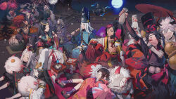  6+boys 6+girls ^_^ abs alcohol animal_on_lap arm_around_neck asymmetrical_hair back_bow bandaged_arm bandages bare_pectorals belt black_hair black_hakama black_hat black_horns black_kimono black_sleeves blanket blue_bow blue_eyes blue_kimono blunt_bangs blush bow box bracer breasts brown_belt brown_footwear brown_hair brown_headband character_request chest_belt chinese_commentary claws cleavage closed_eyes closed_mouth colored_inner_hair commentary_request creature cup dango dark-skinned_male dark_skin demon_horns detached_sleeves drunk eating fireworks flower_knot food forehead fox full_moon fur_shawl ghost gourd grey_hair grey_shawl hachimaki hakama happy hat headband holding holding_creature holding_cup holding_food holding_gourd horns japanese_clothes jitome kariginu kimono knee_up large_bow light_particles long_hair long_sleeves looking_at_another lower_teeth_only lying lying_on_animal mechanical_arms moon multicolored_hair multiple_boys multiple_girls night night_sky no_pupils okobo on_lap on_roof on_side onmyoji open_mouth outdoors outstretched_arm pale_skin party pectorals pink_bow pink_kimono plate pointy_ears pom_pom_(clothes) ponytail purple_socks red_hair red_hakama sakazuki sake sandals sanshoku_dango shawl shishio_(shishio5431) short_hair short_kimono short_sleeves sidelocks single_mechanical_arm sitting sky sleeping smile socks star_(sky) starry_sky stirrup_legwear tate_eboshi teeth thick_eyebrows toeless_legwear v-shaped_eyebrows wagashi wavy_mouth white_hat white_kimono white_sleeves wide_hips wide_sleeves yellow_eyes yukata 