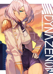  absurdres alwaysregg blue_eyes copyright_name corset epaulettes female gloves gridman_universe highres jacket looking_at_viewer military_jacket mujina necktie pink_hair purple_corset purple_necktie purple_shorts short_hair short_necktie shorts solo ssss.dynazenon upper_body white_gloves white_jacket 