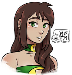  1girls alternate_hairstyle artist_signature asian_female avatar_the_last_airbender bare_shoulders boob_window brown_hair choker cleavage close-up clothing earth_kingdom female female_focus female_only green_eyes hair_covering_breasts hair_down harem_outfit jin_(avatar) long_hair looking_at_viewer my_pet_tentacle_monster neckwear portrait sidelocks simple_background solo solo_female solo_focus teenager teeth teeth_showing teeth_visible topwear white_background 