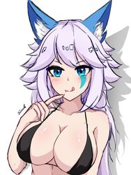  1girls animal_ears big_breasts bikini bikini_top blue_eyes breasts clothed clothed_female cute cute_face female female_focus female_only fox_ears io_(paladins) iriozuki kemonomimi kitsunemimi large_breasts light-skinned_female light_skin naughty_face paladins silver_hair solo white_skin 