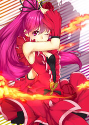  absurdres aino_megumi alternate_form armpits bad_id bad_pixiv_id brooch cure_lovely cure_lovely_(cherry_flamenco) detached_sleeves dress earrings female fire flower frills hair_flower hair_ornament happinesscharge_precure! heart heart_brooch heart_earrings high_ponytail highres huai_diao_de_zongzi jewelry long_hair magical_girl one_eye_closed pink_eyes pink_hair ponytail precure red_dress red_flower red_rose red_sleeves red_wrist_cuffs rose shadow smile solo striped striped_background very_long_hair wide_ponytail wrist_cuffs 