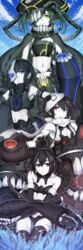  4girls absurdres abyssal_ship arm_cannon bad_id bad_pixiv_id black_hair blue_eyes blunt_bangs bodysuit chi-class_torpedo_cruiser covered_navel dark_persona glowing glowing_eye green_hair haguro_(kancolle) hair_ornament he-class_light_cruiser headgear heisei_yutorin highres kantai_collection kitakami_(kancolle) looking_at_viewer mask midriff multiple_girls muneate navel pale_skin purple_eyes red_eyes ri-class_heavy_cruiser scarf sendai_(kancolle) short_hair thighhighs twintails two_side_up weapon white_scarf wo-class_aircraft_carrier zuikaku_(kancolle) 