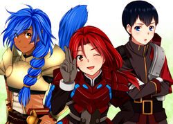  3boys armor black_hair blue_eyes blue_hair blush brown_eyes commentary_request crossed_arms crossover crowe_f._almedio hair_over_shoulder hamada_kenji in-franchise_crossover koriina lias_warren long_hair male_focus multi-tied_hair multiple_boys one_eye_closed red_armor red_hair ronyx_j._kenny smile star_ocean star_ocean_first_departure star_ocean_the_last_hope surcoat tail tan v voice_actor_connection white_background 