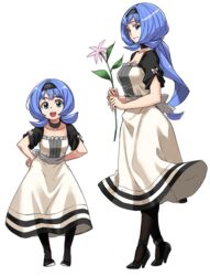  age_comparison aged_up almiria_bauduin black_legwear blue_eyes blue_hair breasts cleavage commentary dress dual_persona female flower full_body gundam gundam_tekketsu_no_orphans highres long_hair low_ponytail medium_breasts pantyhose tachibana_roku 